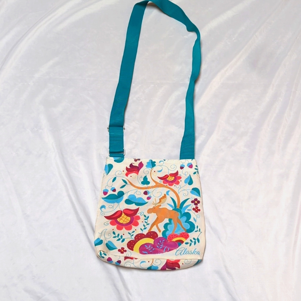 Colorful Artsy Moose Alaska Crossbody Canvas Cream and Teal Bag